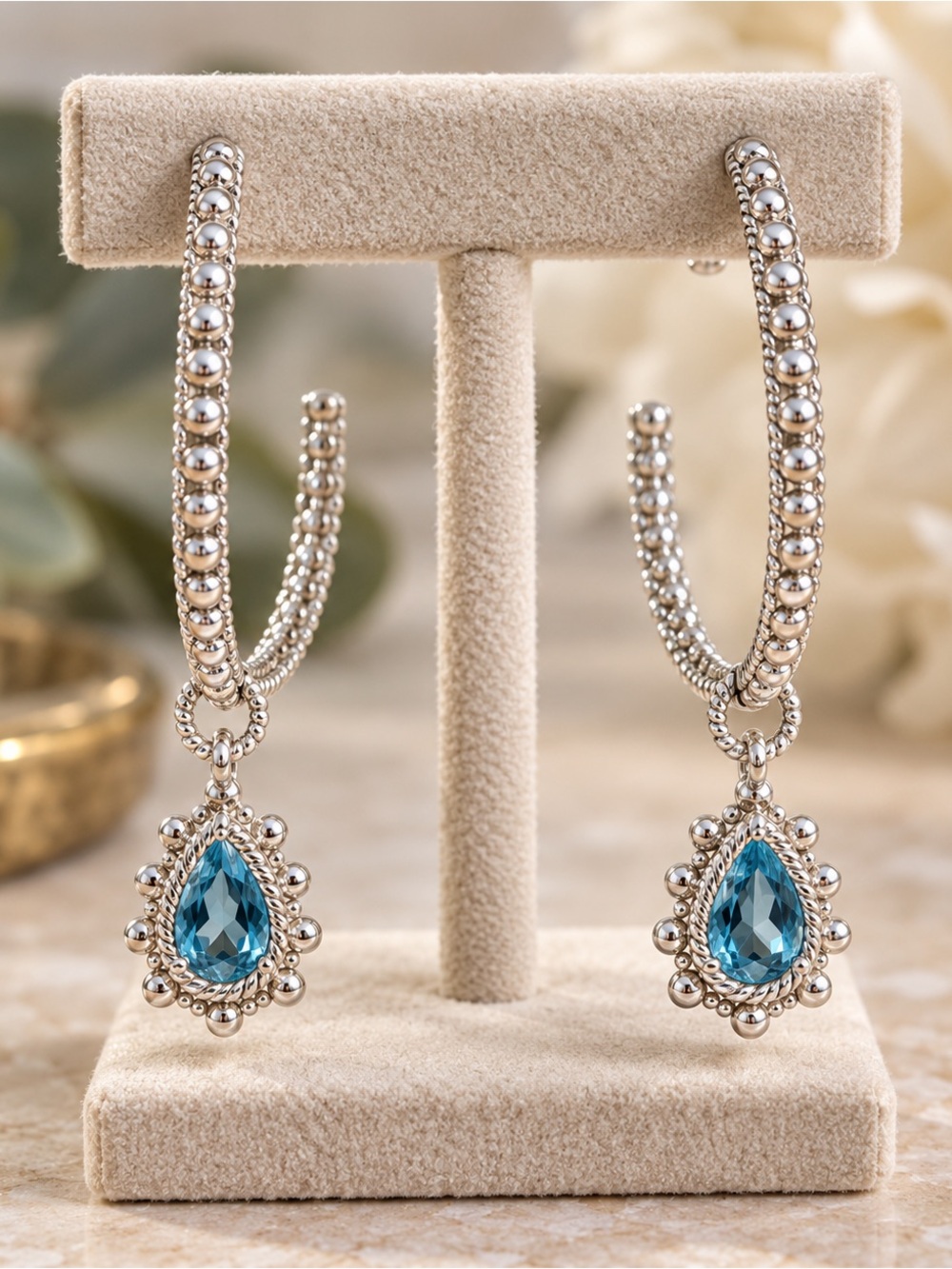 Judith Ripka Blue Topaz Sterling Silver Pear-Shaped Drop Hoop Earrings 925